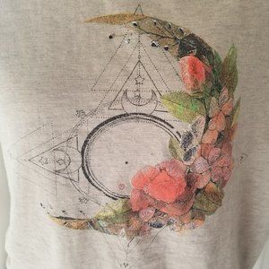 Social culture women cropped top T-shirt flower moon star beige coral size S